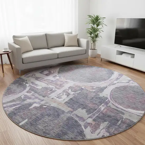 8' Purple Gray And Lavender Geometric Washable Round Rug With UV Protection Photo 2