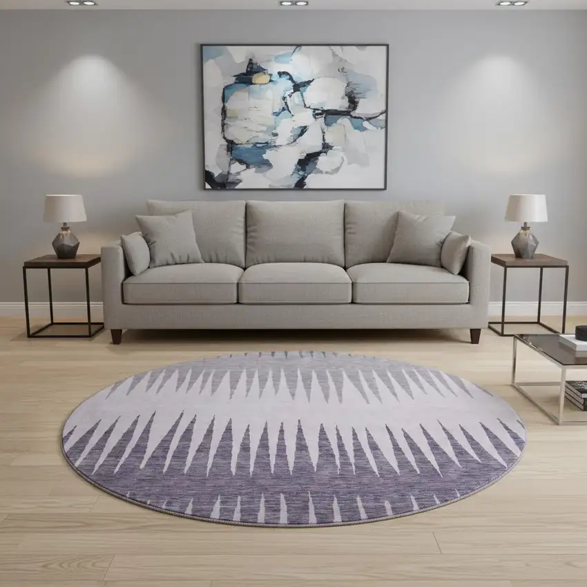 8' Purple Gray And Lavender Striped Washable Round Rug With UV Protection Photo 2