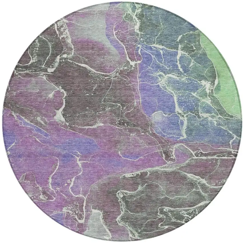 8' Purple Gray And Mint Green Round Abstract Washable Indoor Outdoor Area Rug Photo 3
