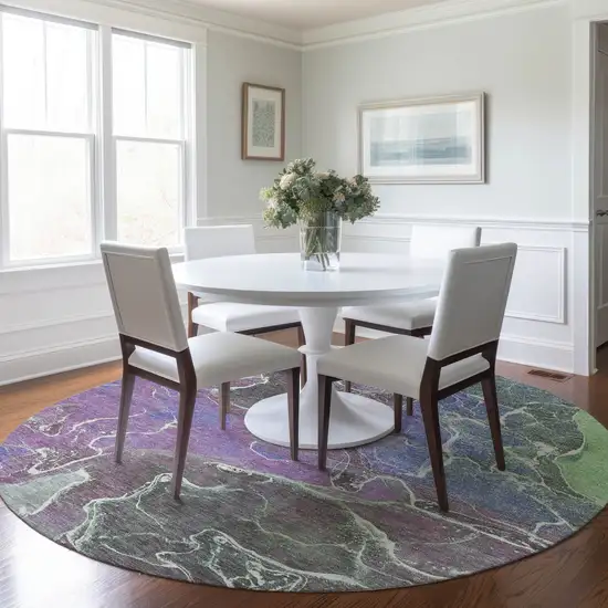 8' Purple Gray And Mint Green Round Abstract Washable Indoor Outdoor Area Rug Photo 5