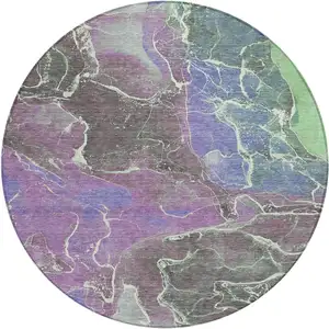 Photo of 8' Purple Gray And Mint Green Round Abstract Washable Indoor Outdoor Area Rug