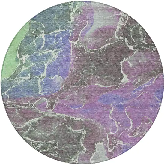 8' Purple Gray And Mint Green Round Abstract Washable Indoor Outdoor Area Rug Photo 2