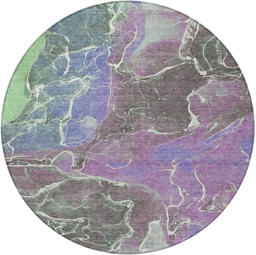 8' Purple Gray And Mint Green Round Abstract Washable Indoor Outdoor Area Rug Photo 2