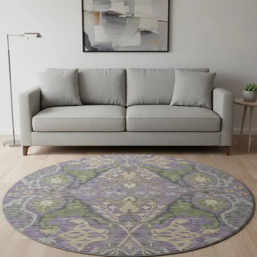 8' Purple Gray And Olive Green Floral Washable Round Rug With UV Protection Photo 2