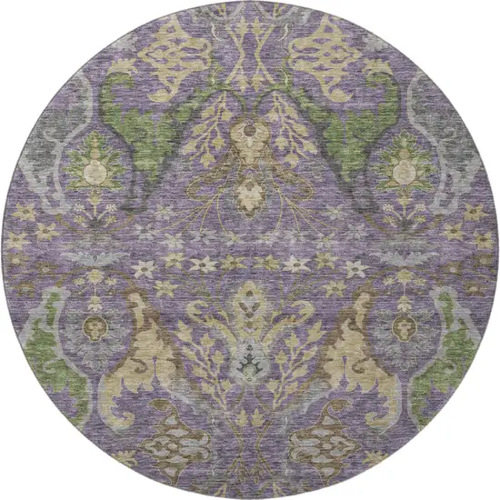 8' Purple Gray And Olive Green Floral Washable Round Rug With UV Protection Photo 3
