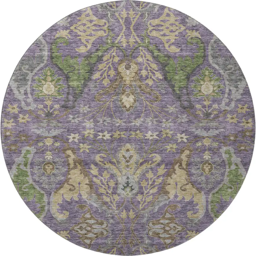 8' Purple Gray And Olive Green Floral Washable Round Rug With UV Protection Photo 3