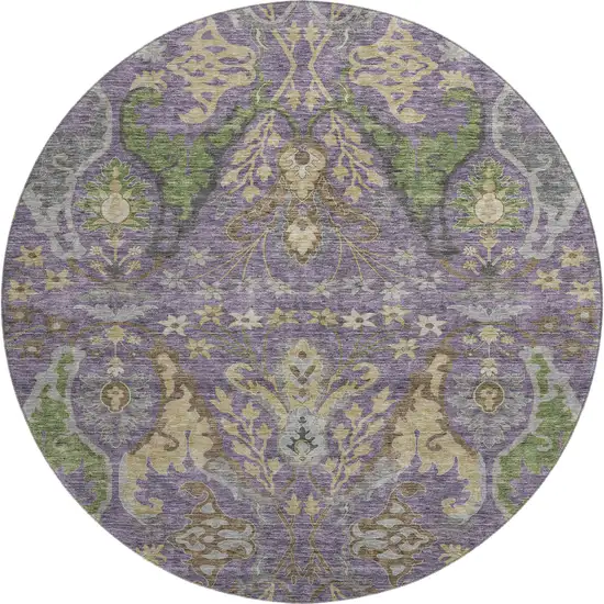 8' Purple Gray And Olive Green Floral Washable Round Rug With UV Protection Photo 1