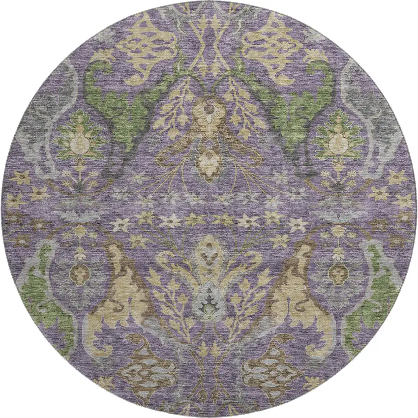 8' Purple Gray And Olive Green Floral Washable Round Rug With UV Protection Photo 1