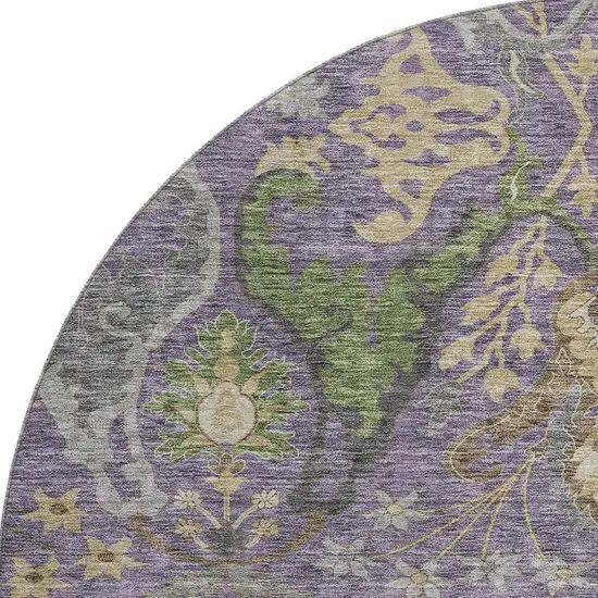 8' Purple Gray And Olive Green Floral Washable Round Rug With UV Protection Photo 2