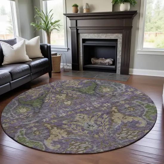 8' Purple Gray And Olive Green Floral Washable Round Rug With UV Protection Photo 4