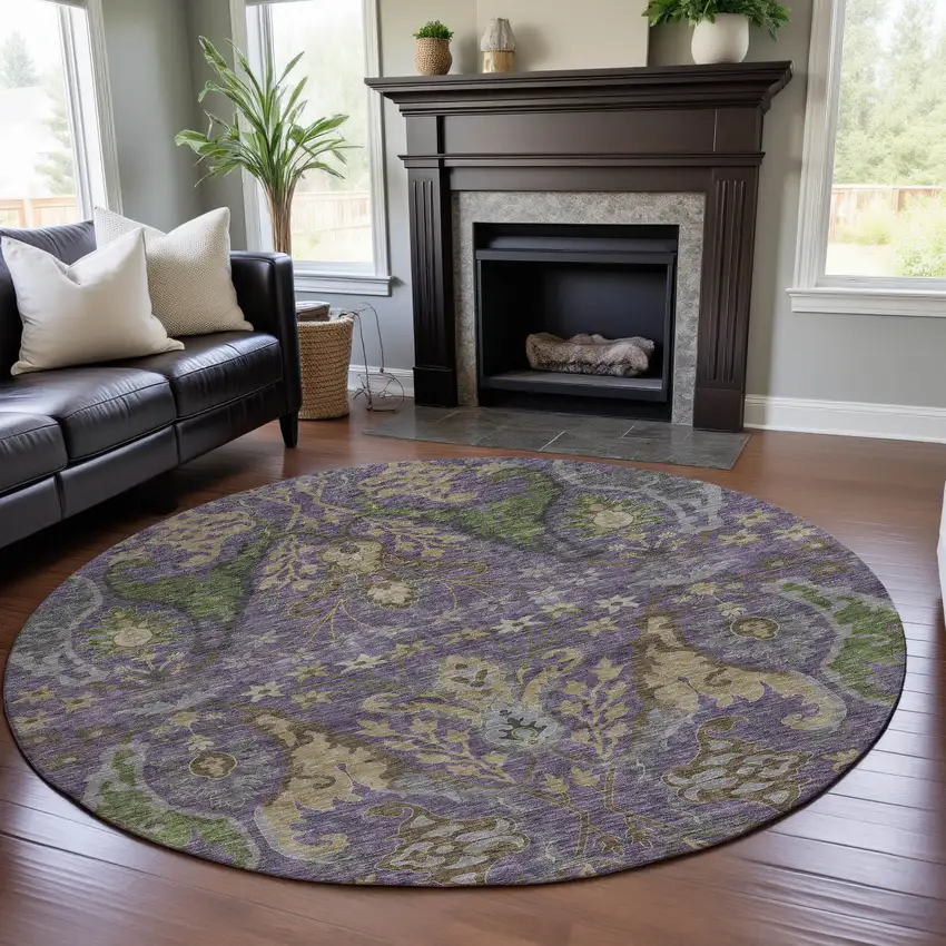 8' Purple Gray And Olive Green Floral Washable Round Rug With UV Protection Photo 4