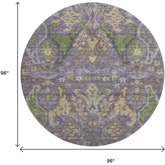 8' Purple Gray And Olive Green Floral Washable Round Rug With UV Protection Photo 9