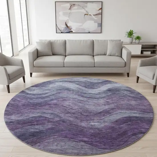 8' Purple Gray And Silver Abstract Washable Round Rug With UV Protection Photo 1
