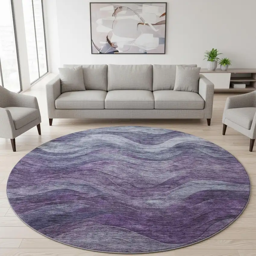 8' Purple Gray And Silver Abstract Washable Round Rug With UV Protection Photo 1