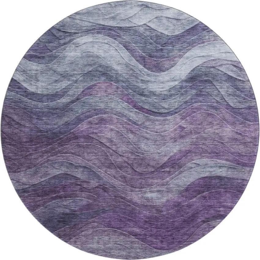 8' Purple Gray And Silver Abstract Washable Round Rug With UV Protection Photo 1