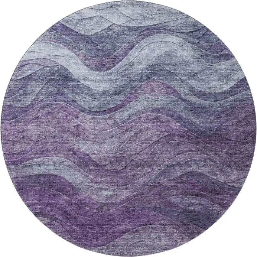 8' Purple Gray And Silver Abstract Washable Round Rug With UV Protection Photo 3