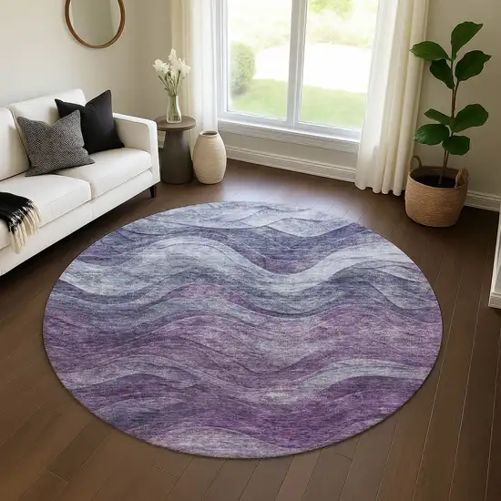 8' Purple Gray And Silver Abstract Washable Round Rug With UV Protection Photo 4
