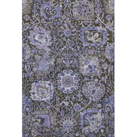 8' Purple Gray And Silver Damask Washable Area Rug With UV Protection Photo 3