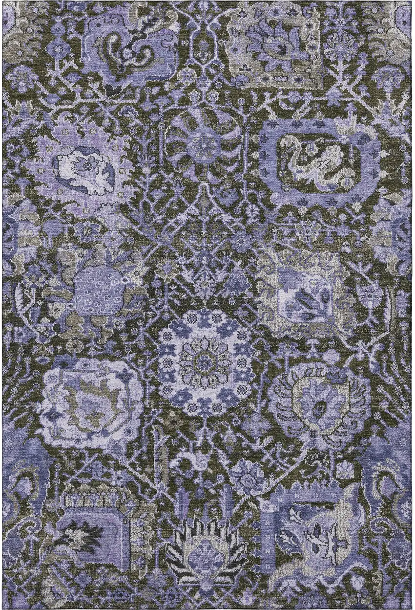 8' Purple Gray And Silver Damask Washable Area Rug With UV Protection Photo 3