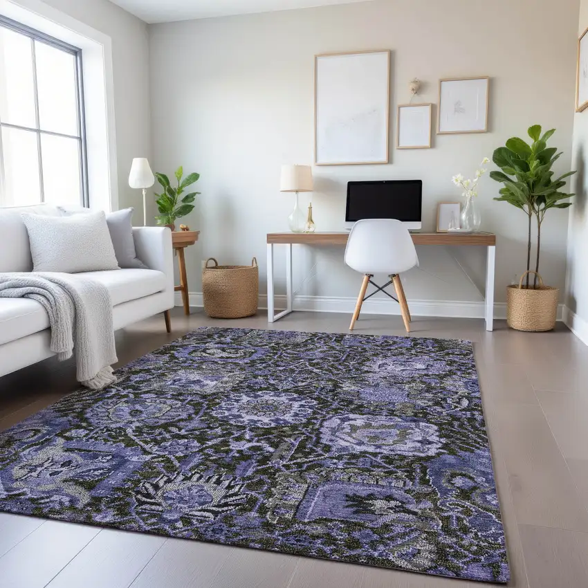 8' Purple Gray And Silver Damask Washable Area Rug With UV Protection Photo 4