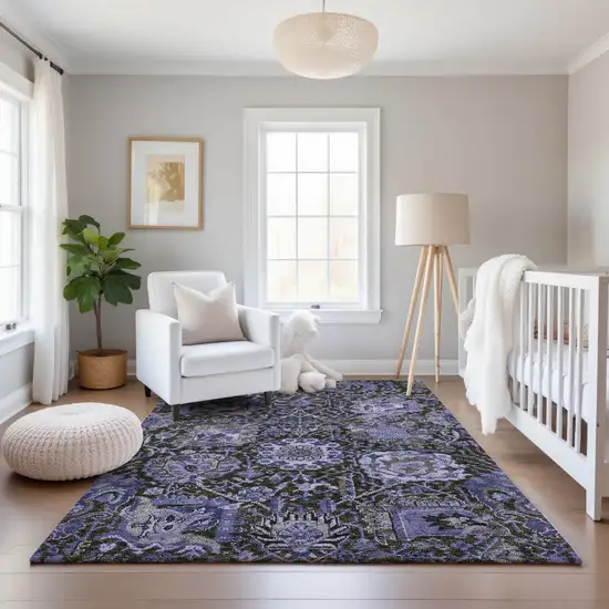 8' Purple Gray And Silver Damask Washable Area Rug With UV Protection Photo 5