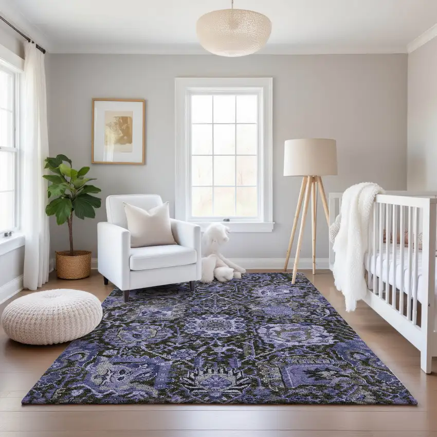 8' Purple Gray And Silver Damask Washable Area Rug With UV Protection Photo 5