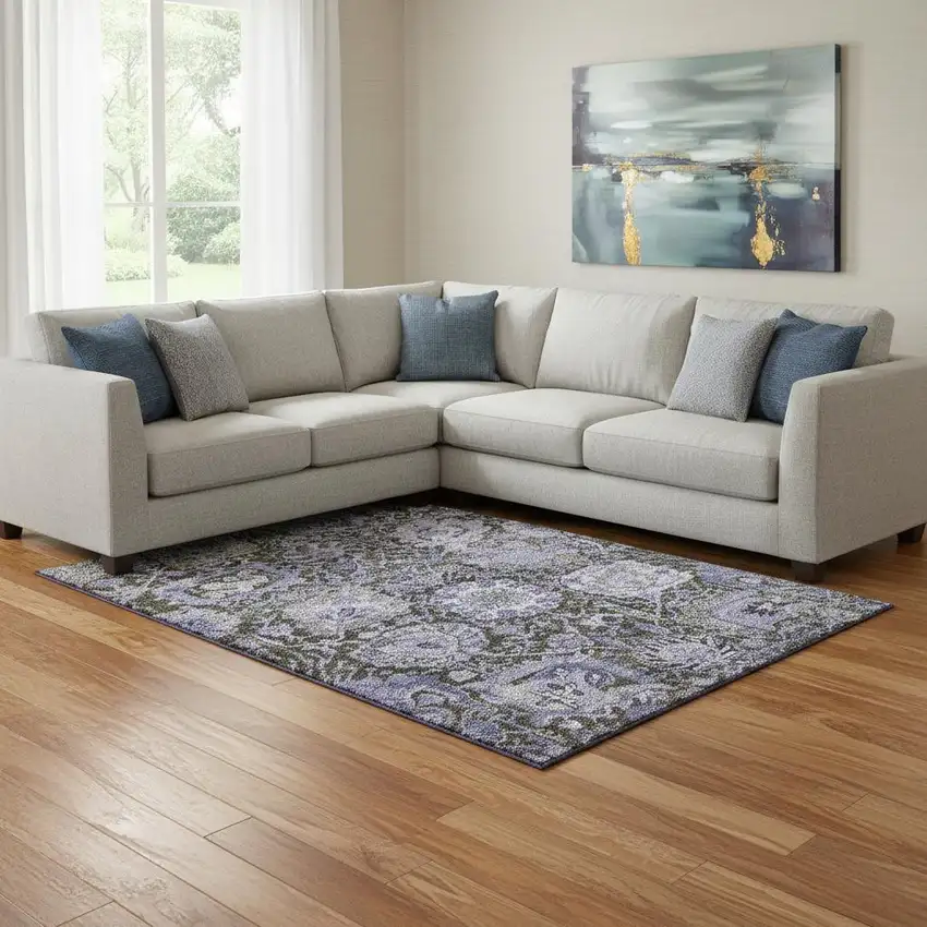 8' Purple Gray And Silver Damask Washable Area Rug With UV Protection Photo 2