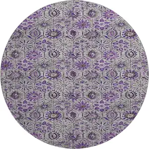 Photo of 8' Purple Gray And Silver Floral Washable Round Rug With UV Protection