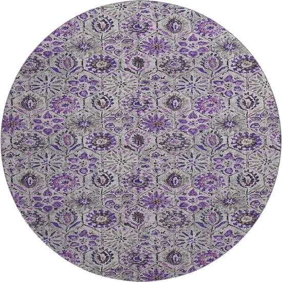 8' Purple Gray And Silver Floral Washable Round Rug With UV Protection Photo 1