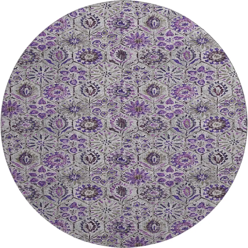 8' Purple Gray And Silver Floral Washable Round Rug With UV Protection Photo 1
