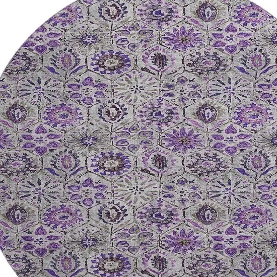 8' Purple Gray And Silver Floral Washable Round Rug With UV Protection Photo 3