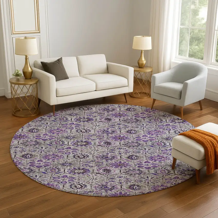 8' Purple Gray And Silver Floral Washable Round Rug With UV Protection Photo 5