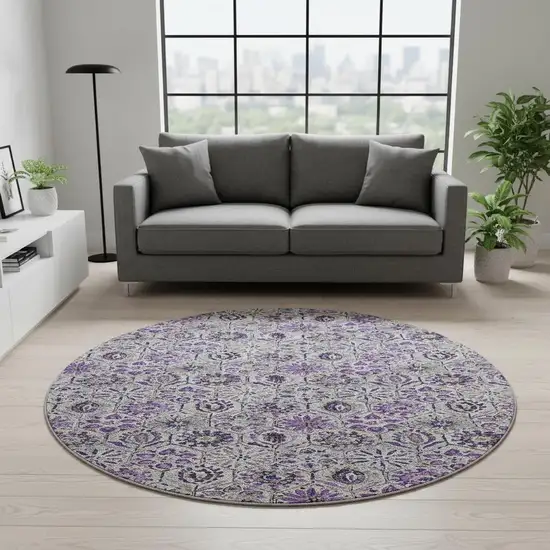 8' Purple Gray And Silver Floral Washable Round Rug With UV Protection Photo 2