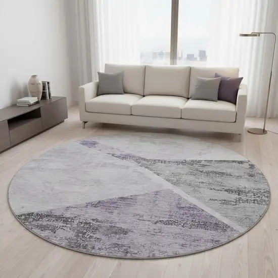8' Purple Gray And Silver Geometric Washable Round Rug With UV Protection Photo 2
