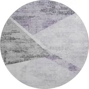Photo of 8' Purple Gray And Silver Geometric Washable Round Rug With UV Protection