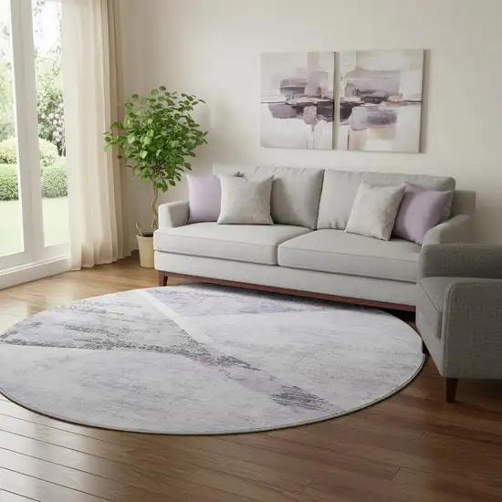 8' Purple Gray And Silver Geometric Washable Round Rug With UV Protection Photo 1