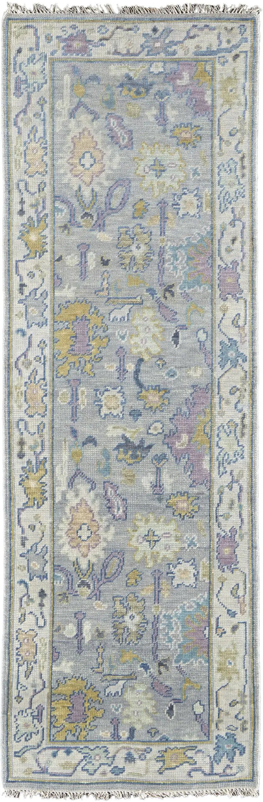 8' Purple Gray and Gold Wool Oriental Hand Knotted Runner Rug With Fringe Photo 2
