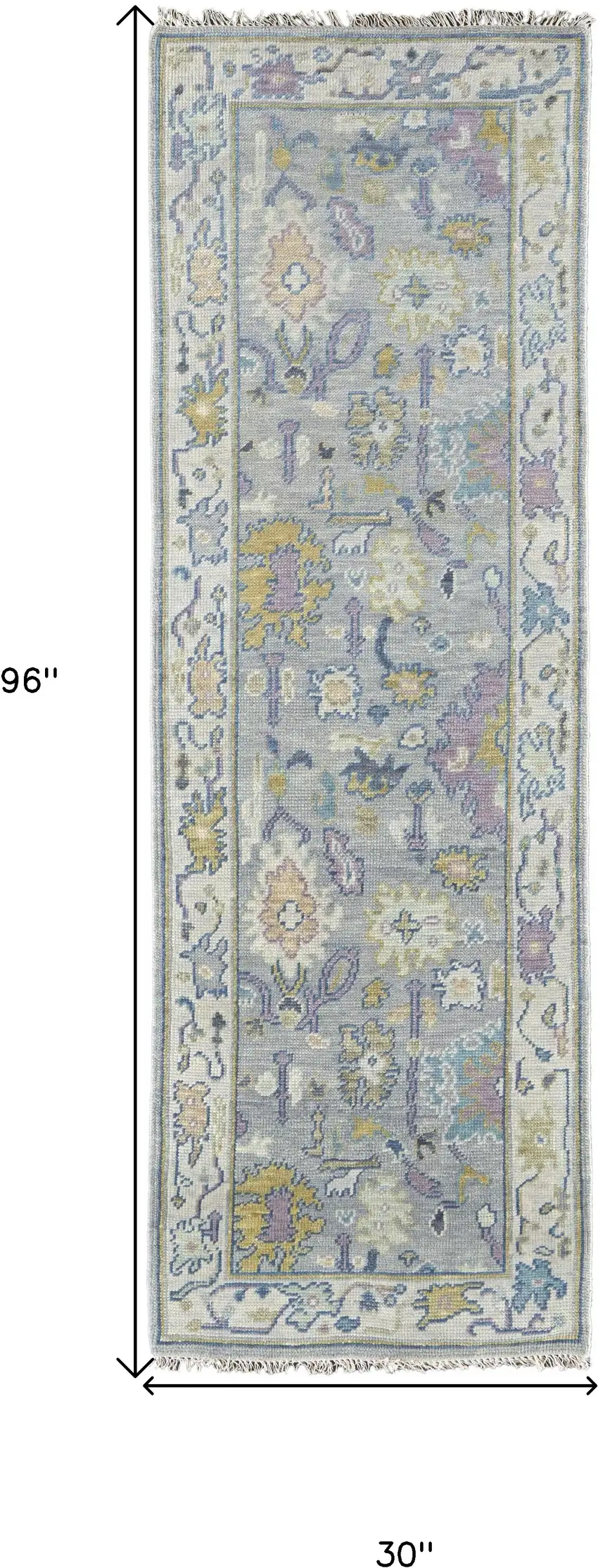 8' Purple Gray and Gold Wool Oriental Hand Knotted Runner Rug With Fringe Photo 3