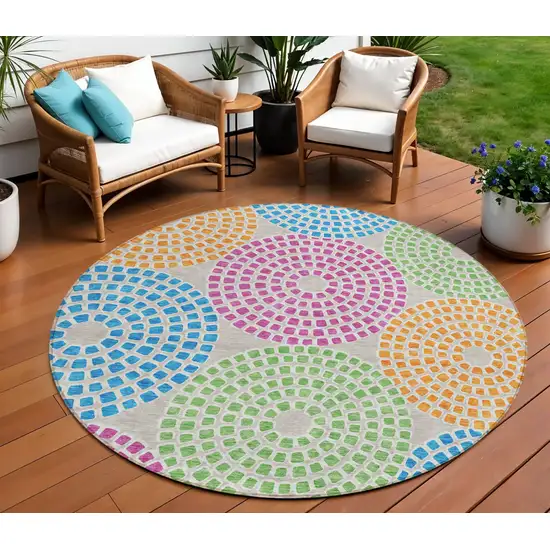 8' Purple Green And Aqua Round Geometric Washable Indoor Outdoor Area Rug Photo 1