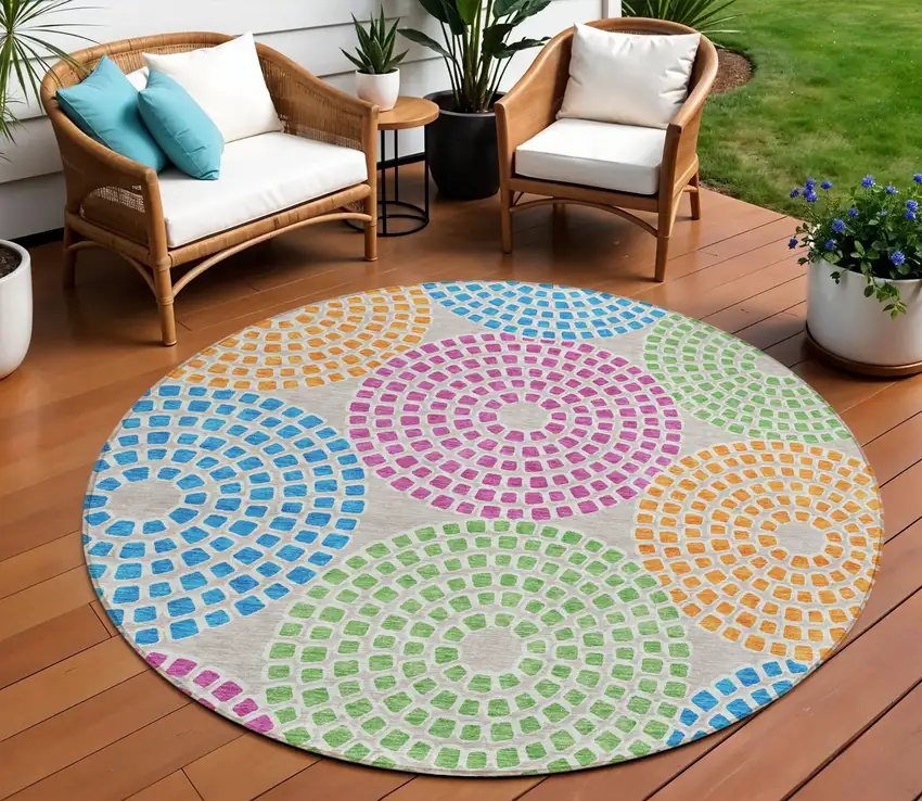 8' Purple Green And Aqua Round Geometric Washable Indoor Outdoor Area Rug Photo 1