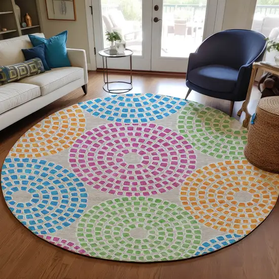 8' Purple Green And Aqua Round Geometric Washable Indoor Outdoor Area Rug Photo 8