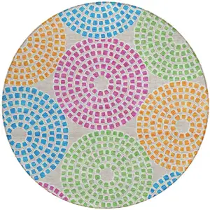 Photo of 8' Purple Green And Aqua Round Geometric Washable Indoor Outdoor Area Rug