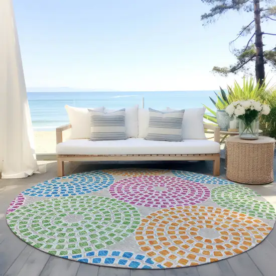 8' Purple Green And Aqua Round Geometric Washable Indoor Outdoor Area Rug Photo 7