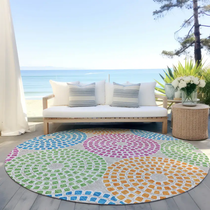 8' Purple Green And Aqua Round Geometric Washable Indoor Outdoor Area Rug Photo 7