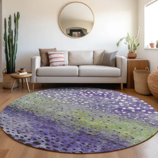 8' Purple Green And Black Round Abstract Washable Indoor Outdoor Area Rug Photo 8