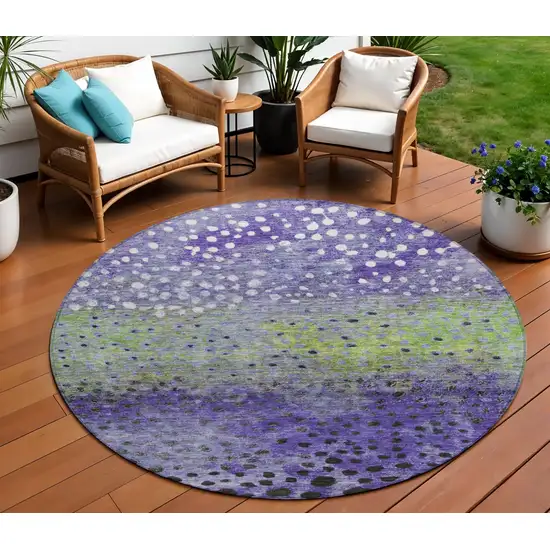 8' Purple Green And Black Round Abstract Washable Indoor Outdoor Area Rug Photo 1