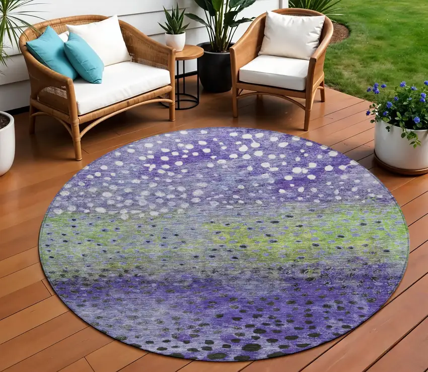 8' Purple Green And Black Round Abstract Washable Indoor Outdoor Area Rug Photo 1