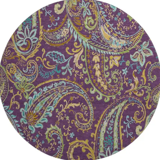 8' Purple Green And Blue Paisley Washable Round Rug With UV Protection Photo 4