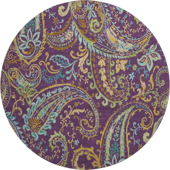8' Purple Green And Blue Paisley Washable Round Rug With UV Protection Photo 1