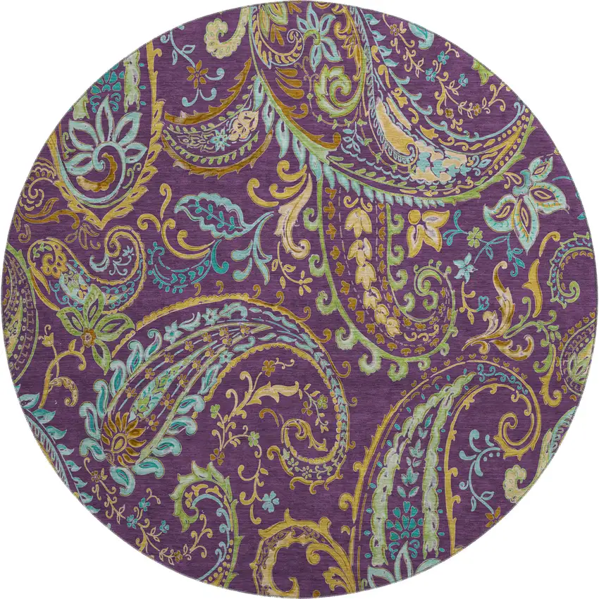 8' Purple Green And Blue Paisley Washable Round Rug With UV Protection Photo 1